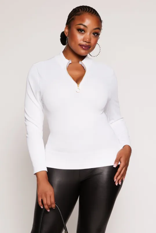 Plus Size Seamless Ribbed Zip Neck Long Sleeve Top sold by Rainbow