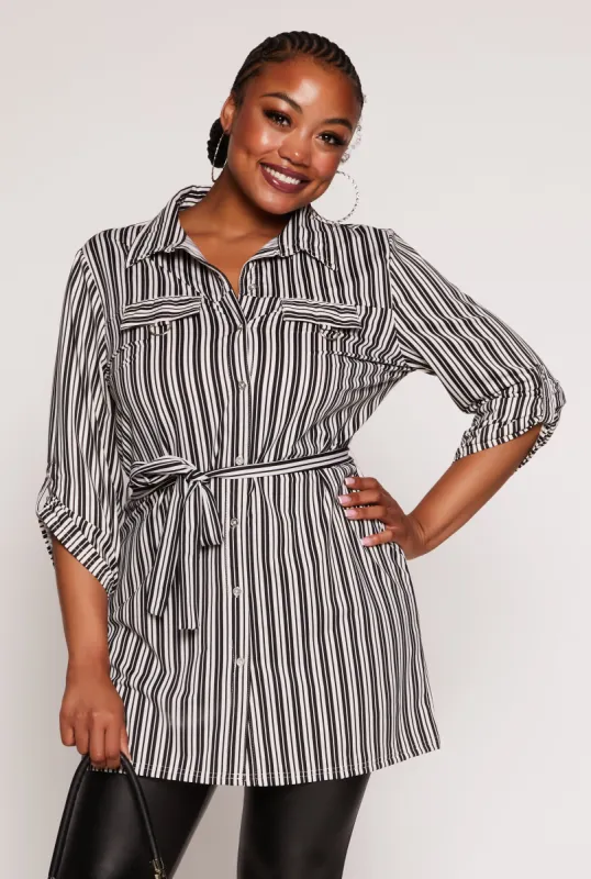 Plus Size Striped Tie Waist Button Front Tunic Shirt sold by Rainbow