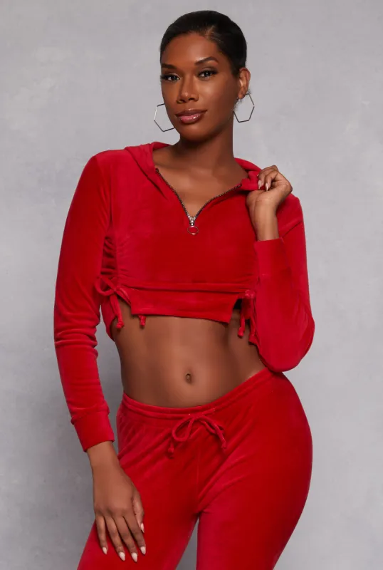 Velour Drawstring Ruched Half Zip Hoodie sold by Rainbow