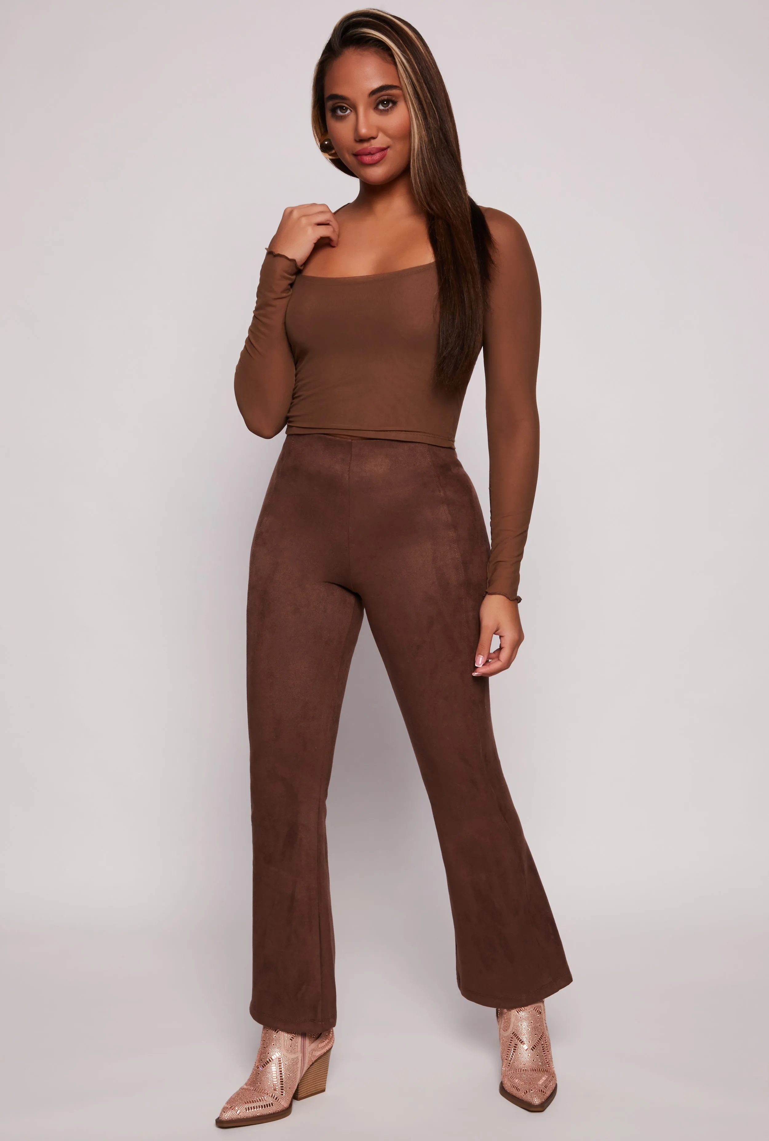 Faux Suede High Waist Pintuck Flare Pants sold by Rainbow