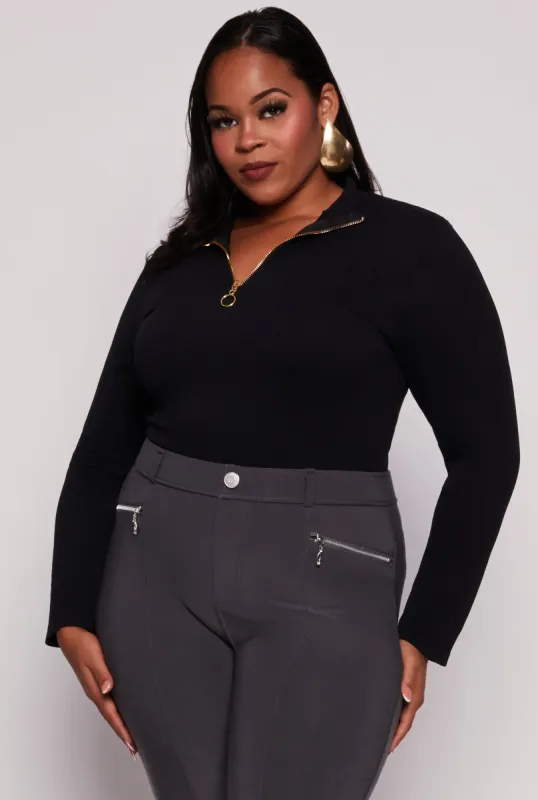 Plus Size Seamless Ribbed Zip Neck Long Sleeve Top sold by Rainbow