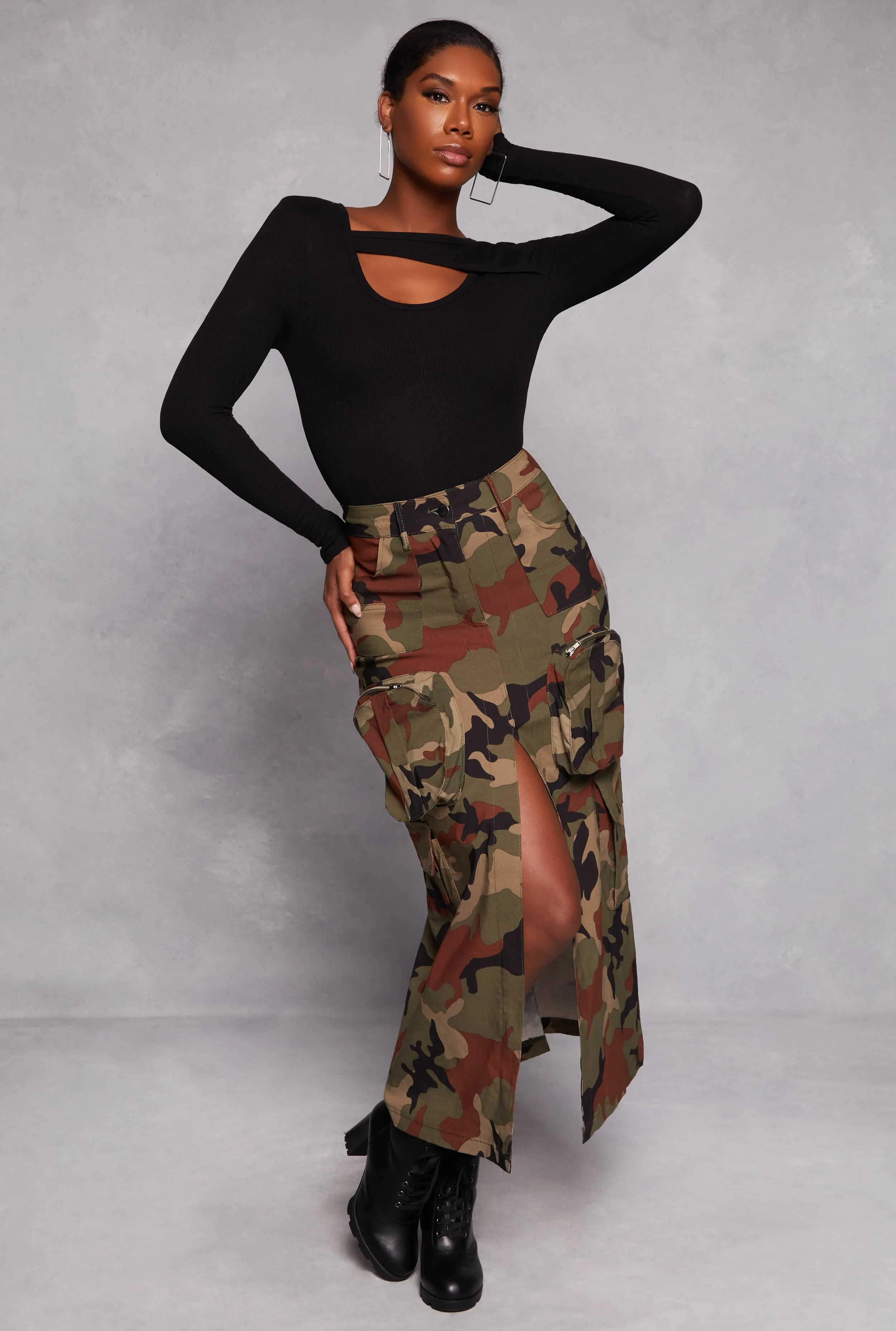 Camo Hyper Stretch Cargo Pocket Maxi Skirt sold by Rainbow