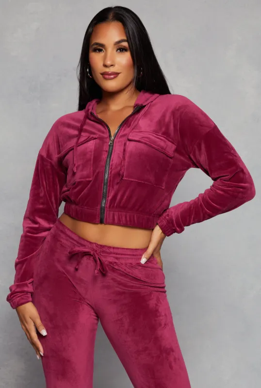 Velour Flap Pocket Zip Front Cropped Hoodie sold by Rainbow