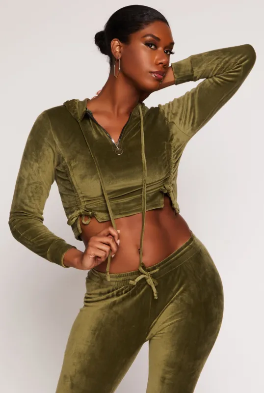Velour Drawstring Ruched Half Zip Hoodie sold by Rainbow