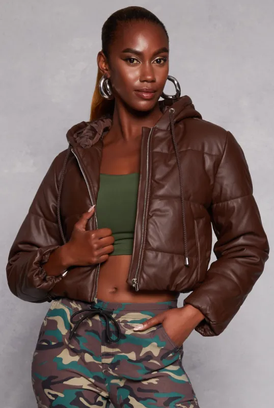 Faux Leather Zip Front Hooded Puffer Jacket sold by Rainbow