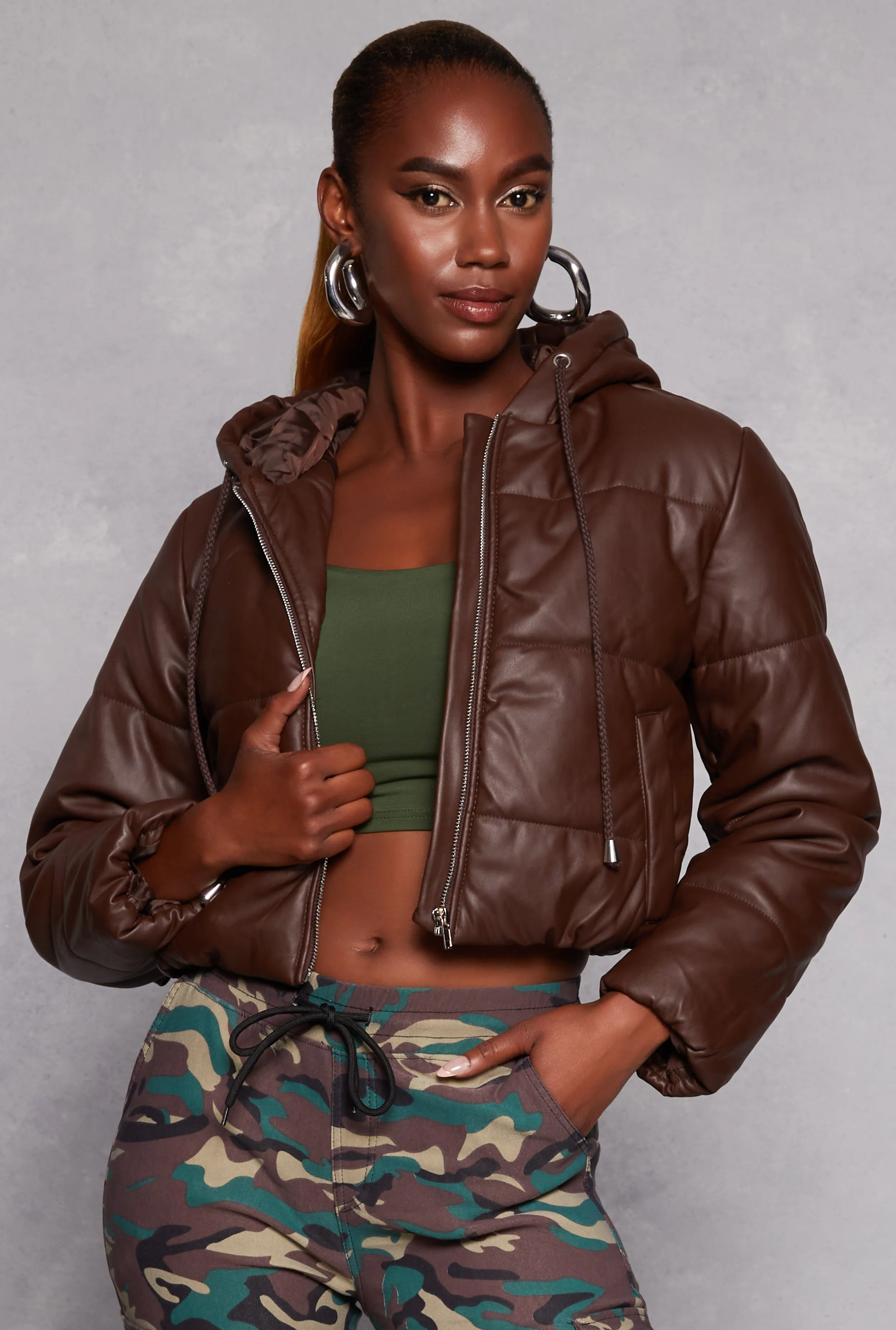 Faux Leather Zip Front Hooded Puffer Jacket sold by Rainbow