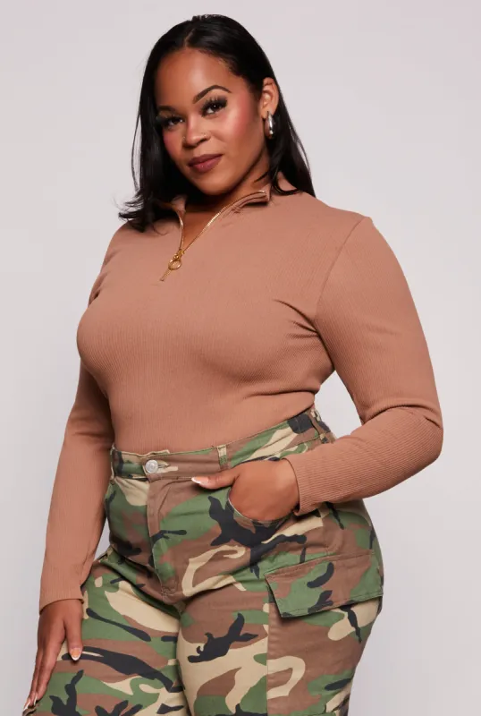 Plus Size Seamless Ribbed Zip Neck Long Sleeve Top sold by Rainbow