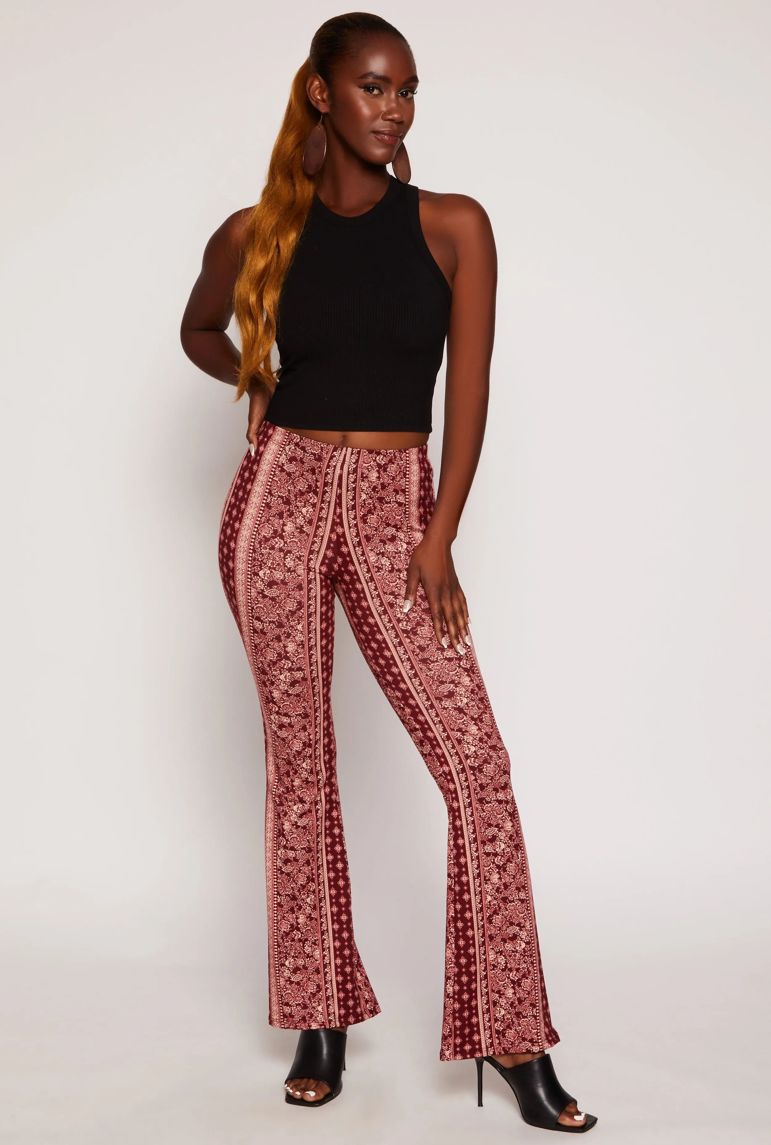 Paisley Border Print High Waisted Flare Pants sold by Rainbow