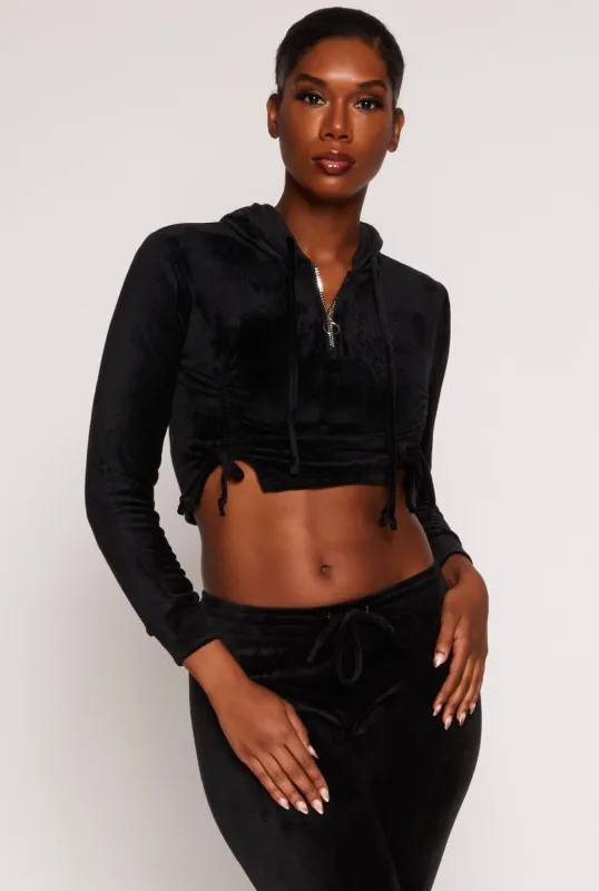 Velour Drawstring Ruched Half Zip Hoodie sold by Rainbow