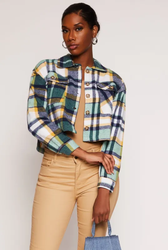 Brush Knit Plaid Cropped Shacket sold by Rainbow