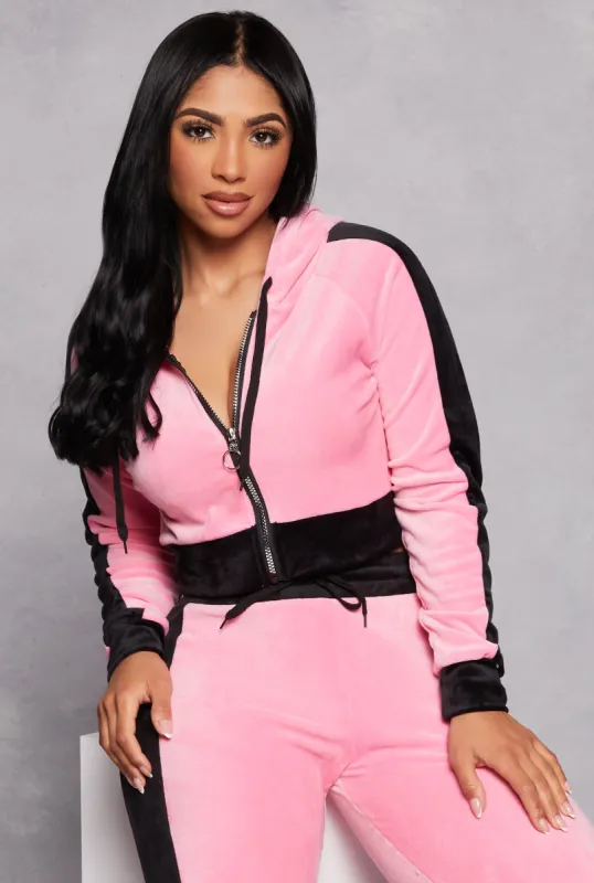 Velour Side Stripe Zip Front Cropped Hoodie sold by Rainbow