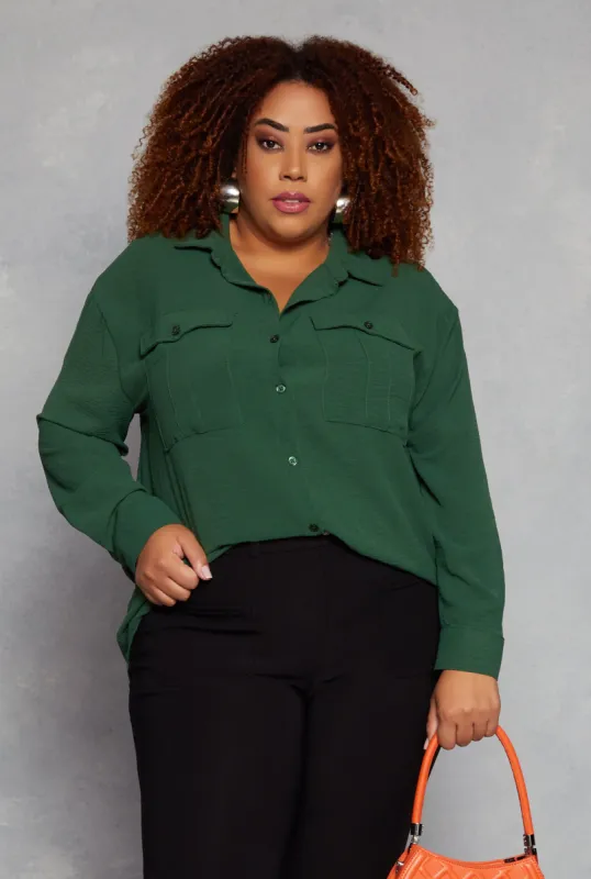 Plus Size Crepe Knit Pocket Detail Button Front Blouse sold by Rainbow