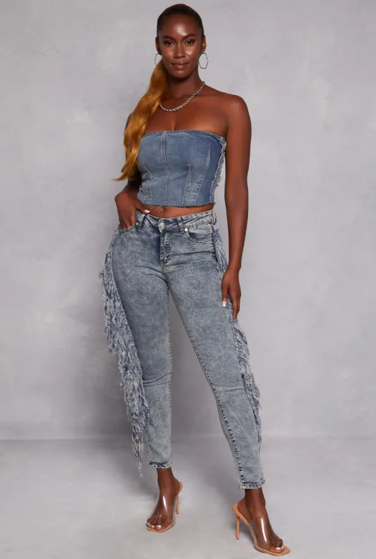 Denim Frayed Fringe Skinny Jeans made by Rainbow