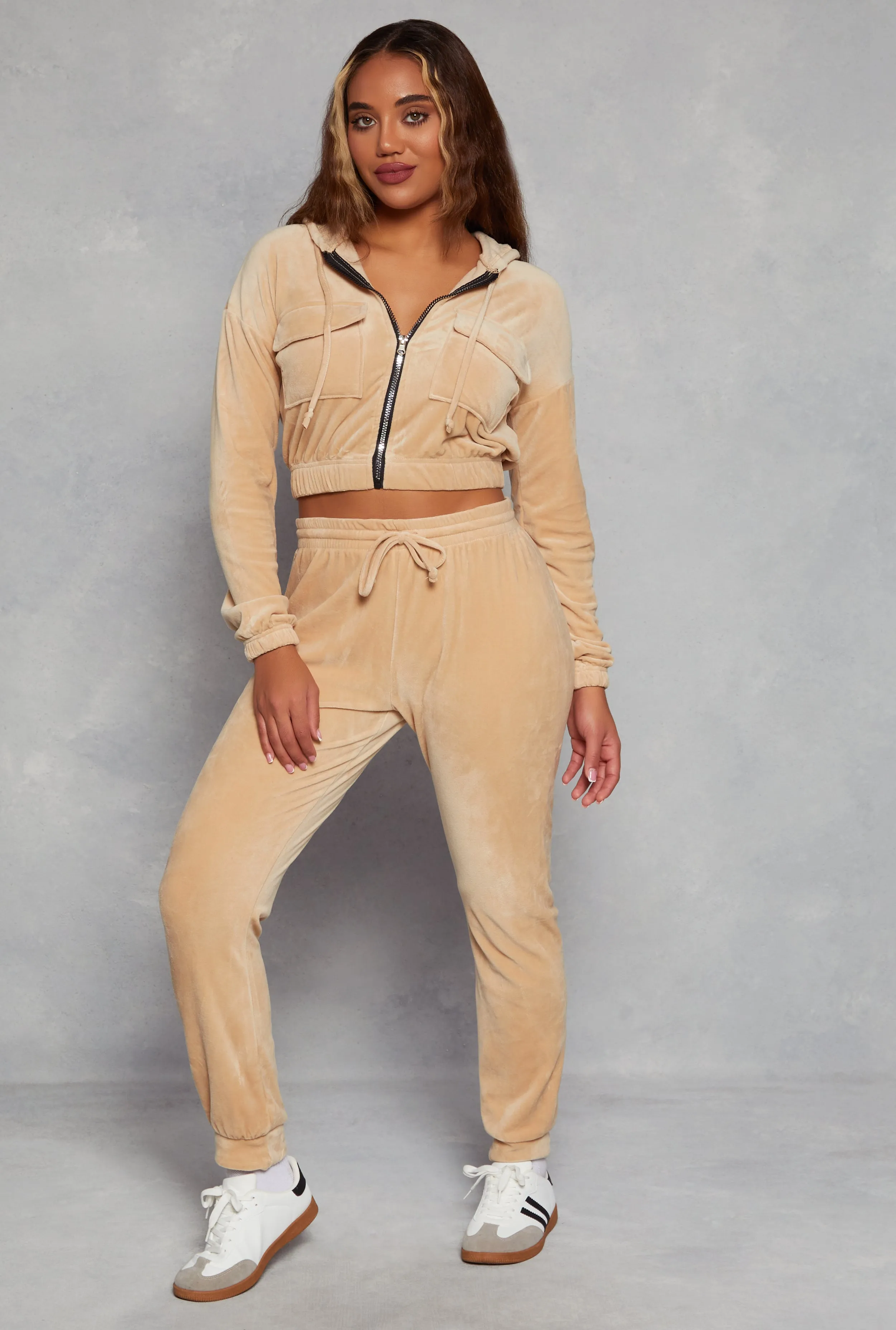 Velour Flap Pocket Zip Front Cropped Hoodie sold by Rainbow product image thumbnail 2