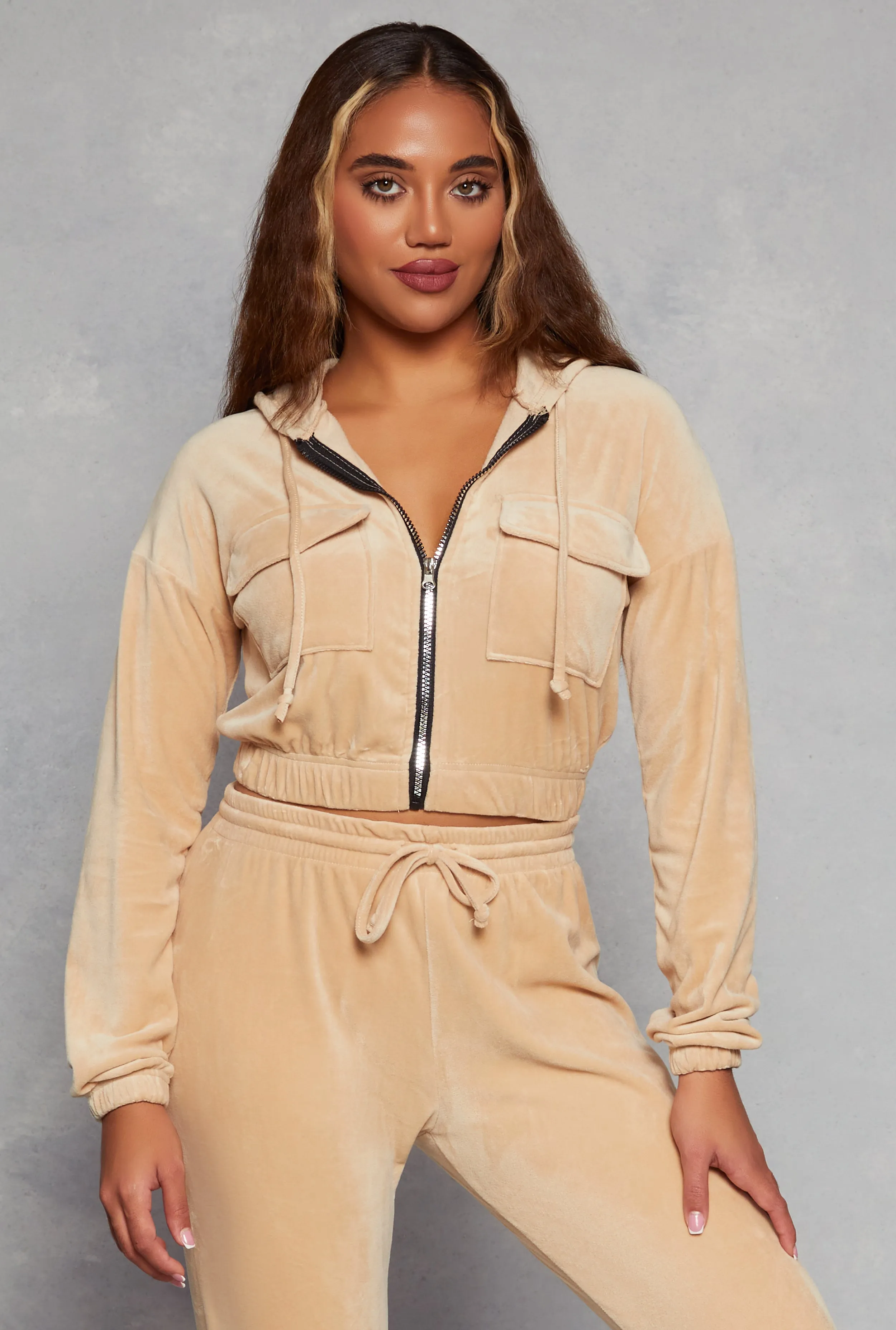 Velour Flap Pocket Zip Front Cropped Hoodie sold by Rainbow