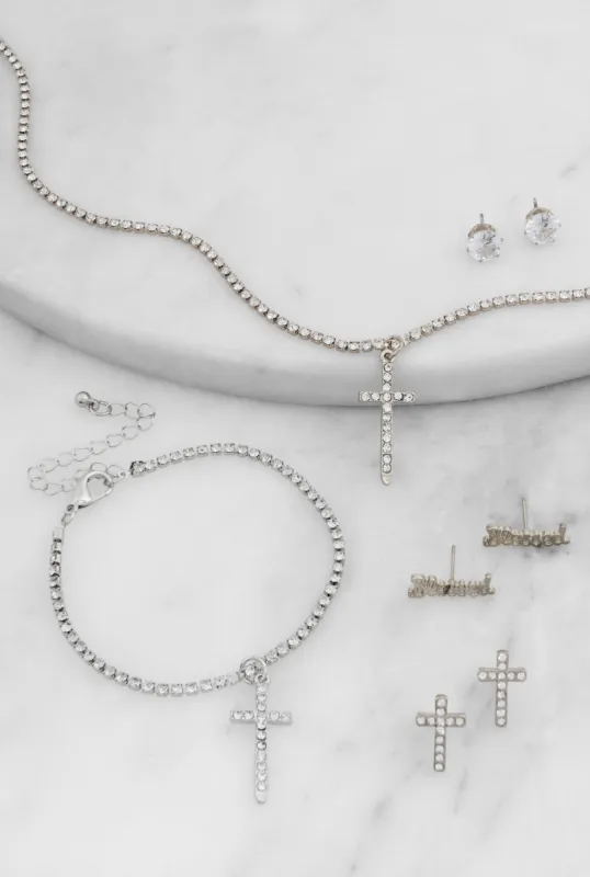 Rhinestone Cross Necklace with Bracelet and Stud Earrings sold by Rainbow