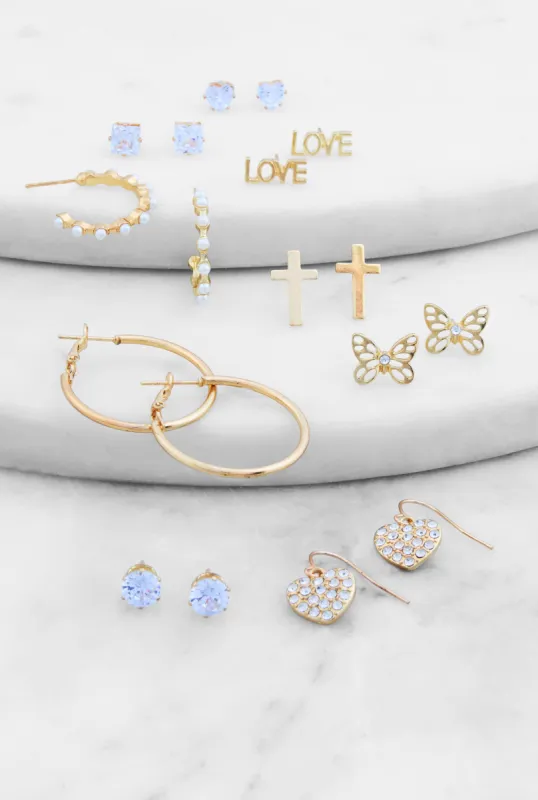 Assorted Cubic Zirconia Hoop Earrings and Stud Earrings Set of 9 sold by Rainbow