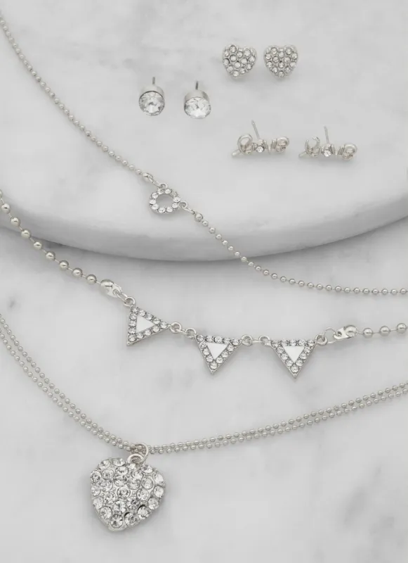 Rhinestone Heart Pendant Layered Necklace and Stud Earrings sold by Rainbow
