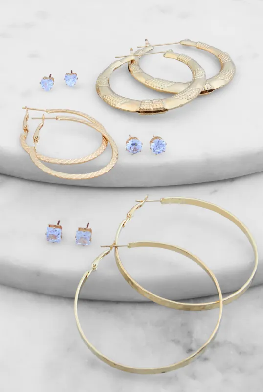 Textured Hoop Earrings and Cubic Zirconia Stud Earrings Set of 6 sold by Rainbow