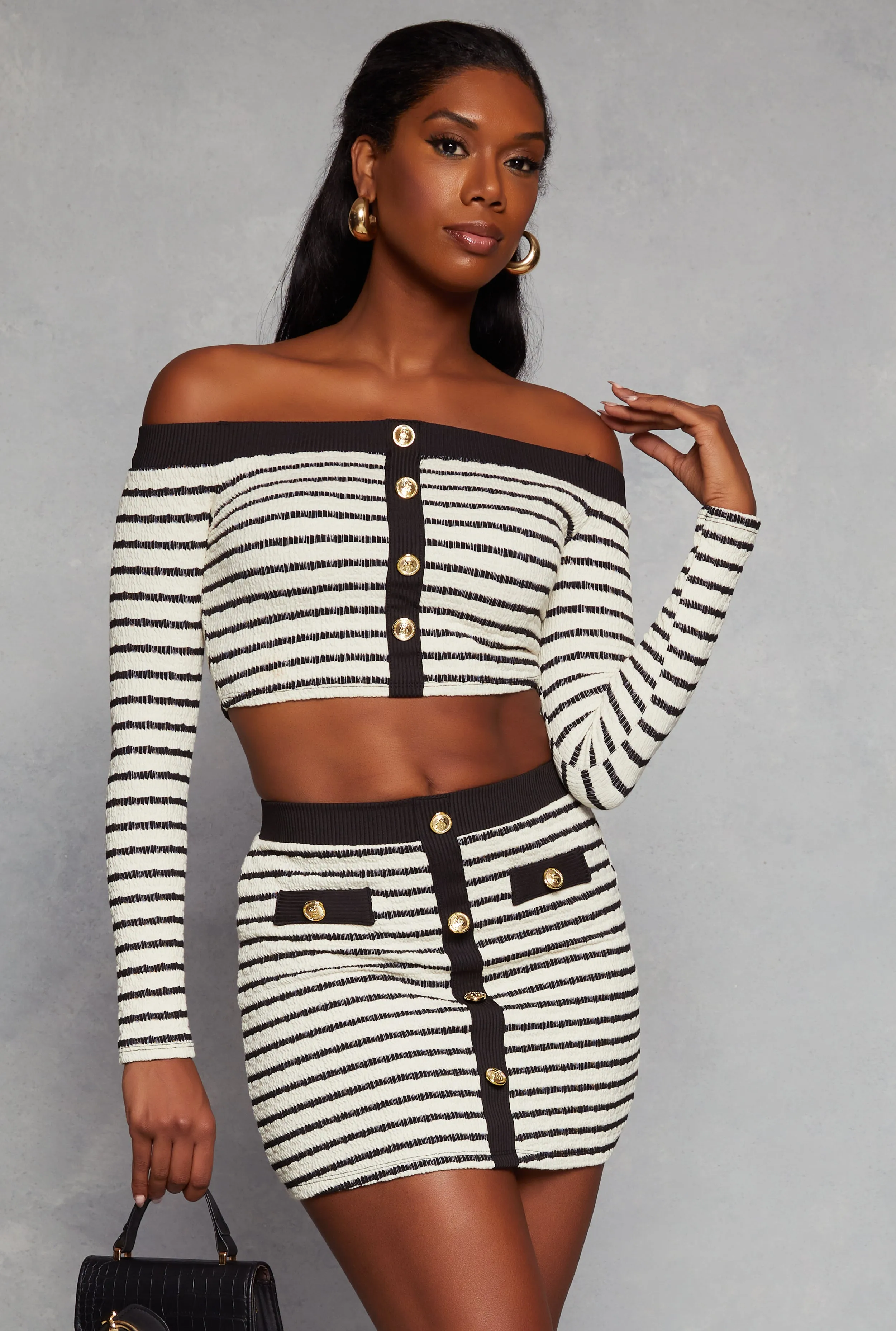 Striped Button Detail Off the Shoulder Top sold by Rainbow