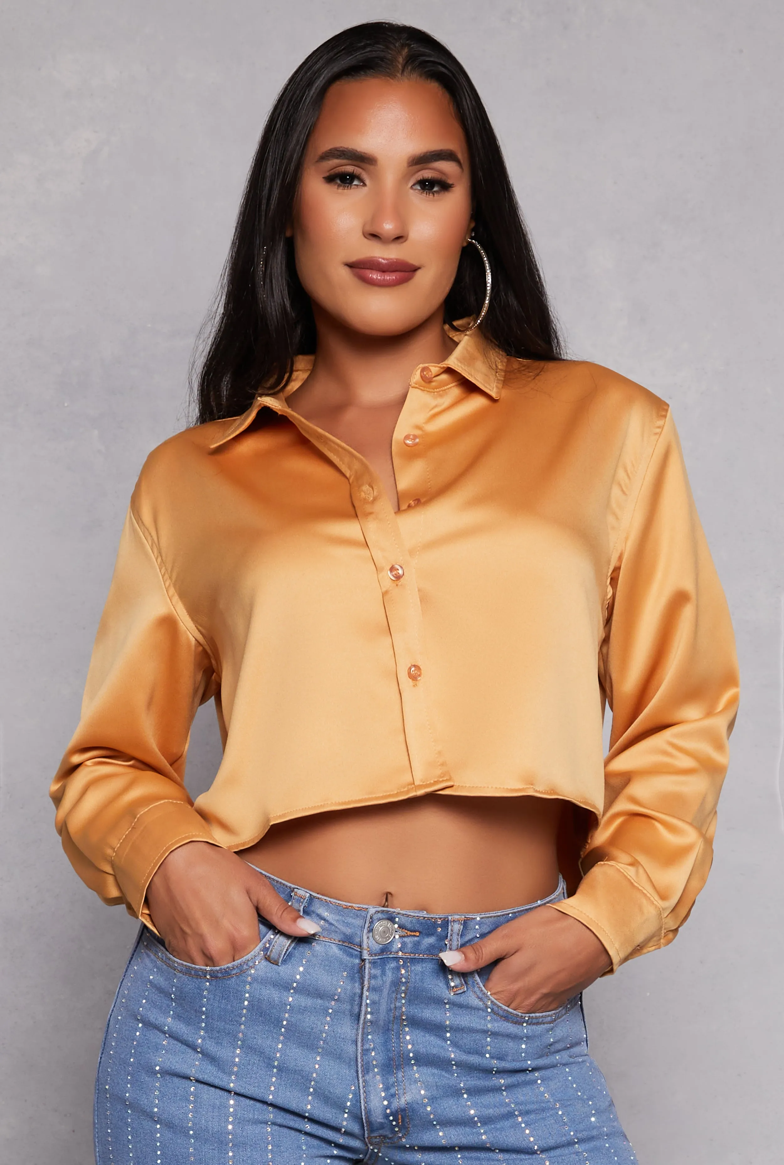 Iris Satin Button Front Cropped Blouse sold by Rainbow