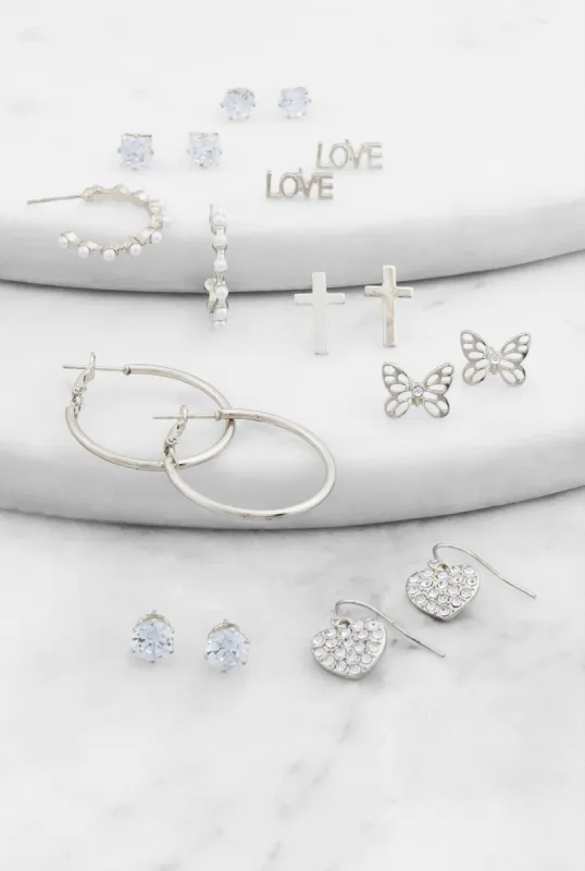 Assorted Cubic Zirconia Hoop Earrings and Stud Earrings Set of 9 sold by Rainbow