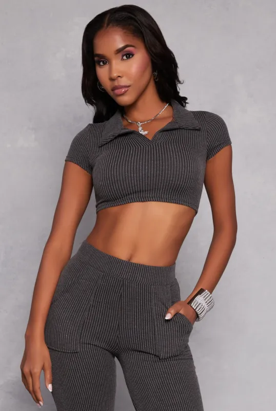 Rib Knit Collared Crop Top sold by Rainbow