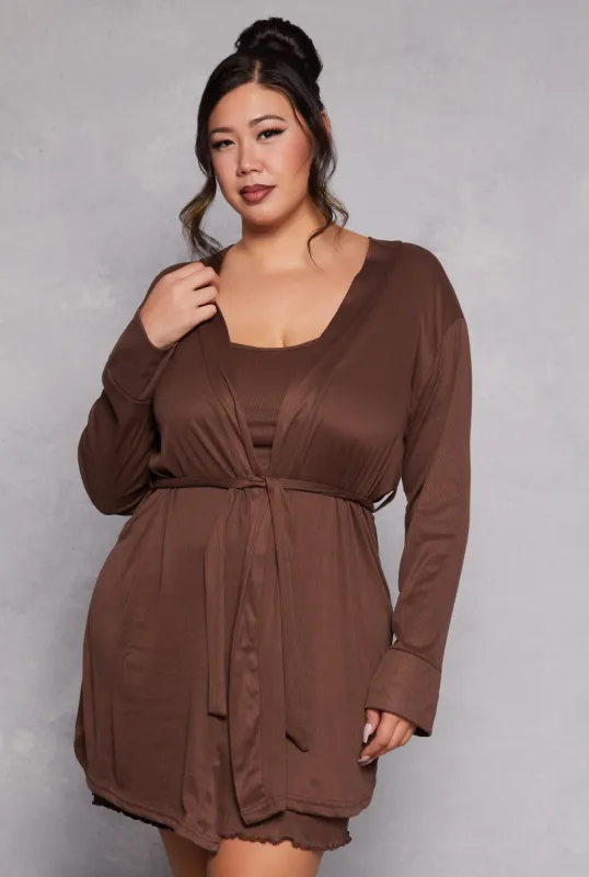 Plus Size Ribbed Lettuce Trim Cami Nightgown with Robe sold by Rainbow