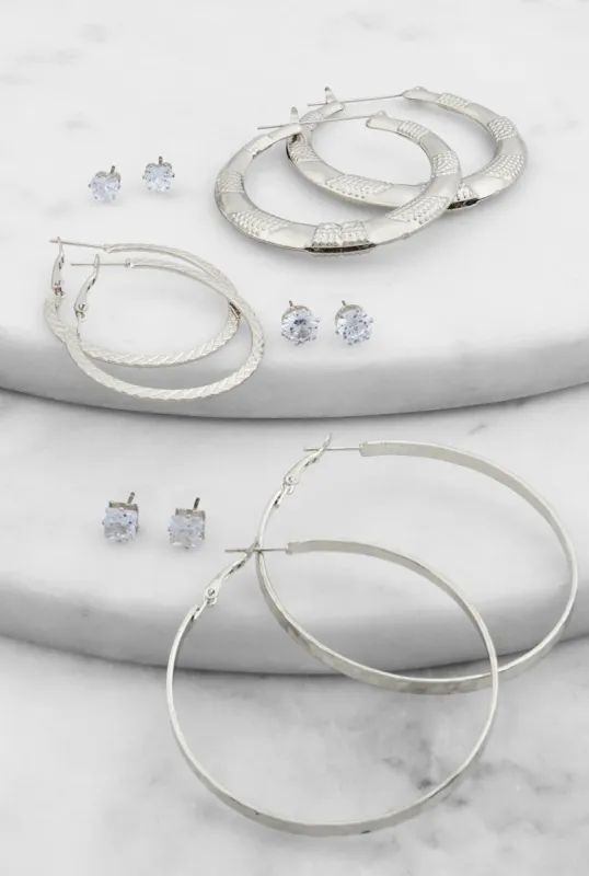 Textured Hoop Earrings and Cubic Zirconia Stud Earrings Set of 6 sold by Rainbow