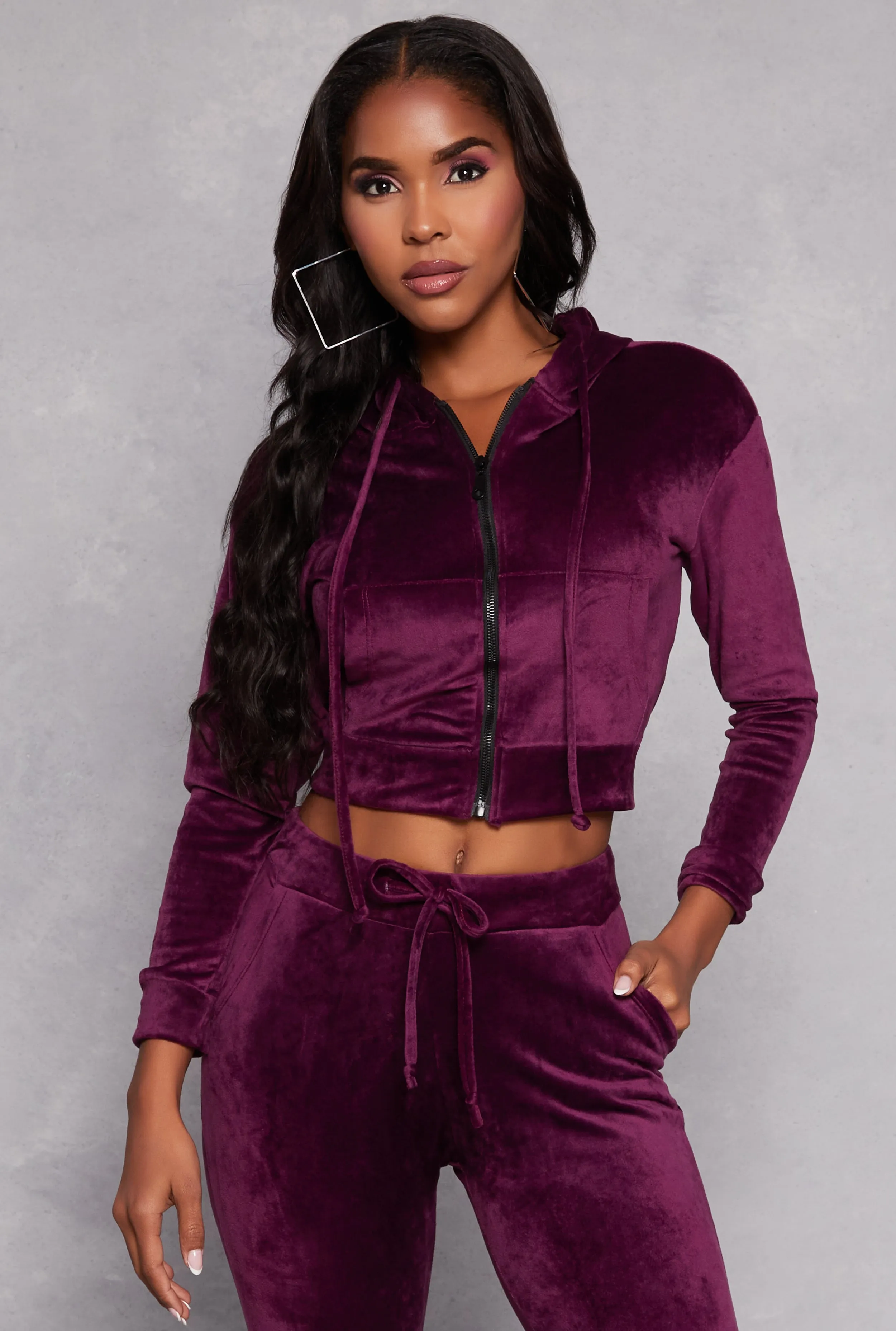 Solid Velour Zip Front Cropped Hoodie sold by Rainbow