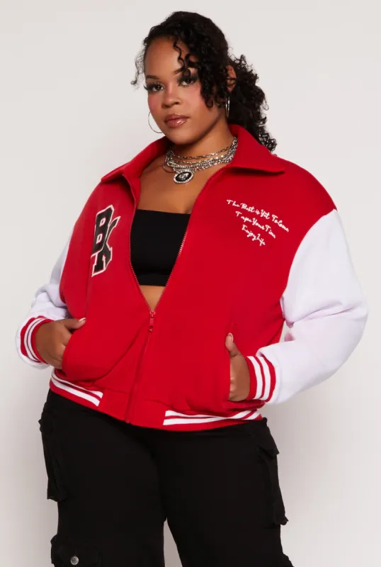 Plus Size BK Graphic Zip Front Letterman Jacket sold by Rainbow