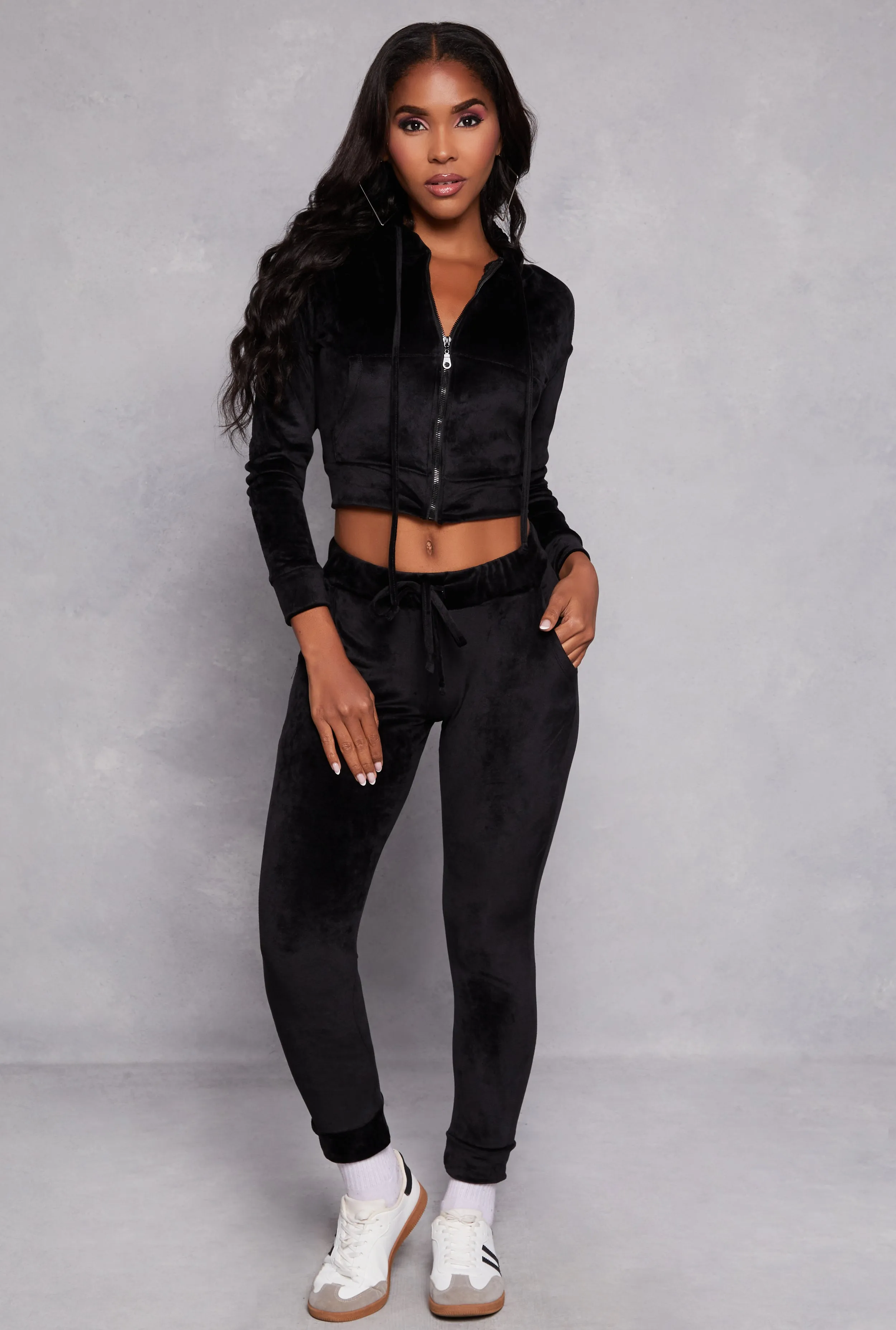 Solid Velour Zip Front Cropped Hoodie sold by Rainbow product image thumbnail 2