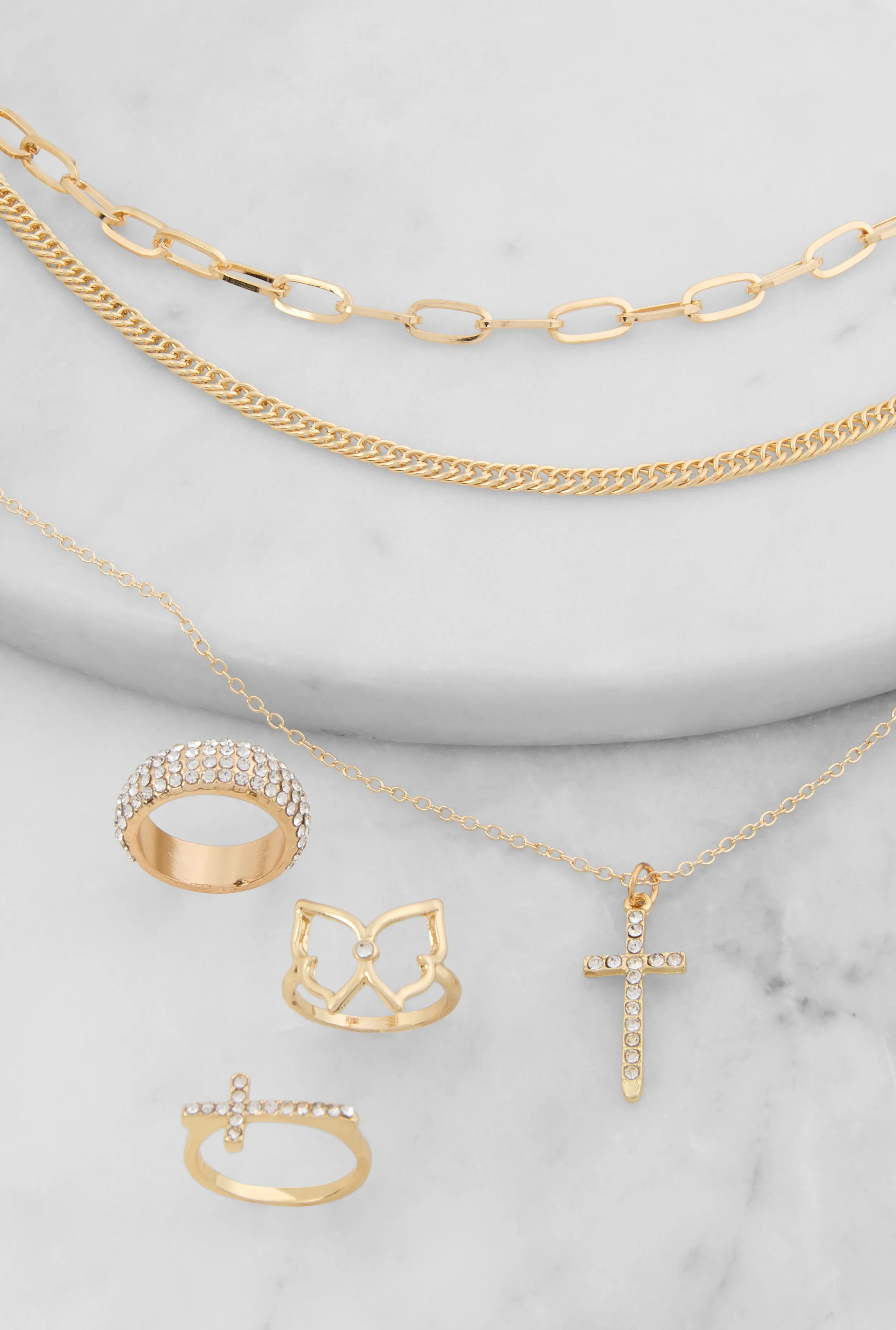 Cubic Zirconia Cross Layered Necklace and Ring Trio Set sold by Rainbow product image thumbnail 2