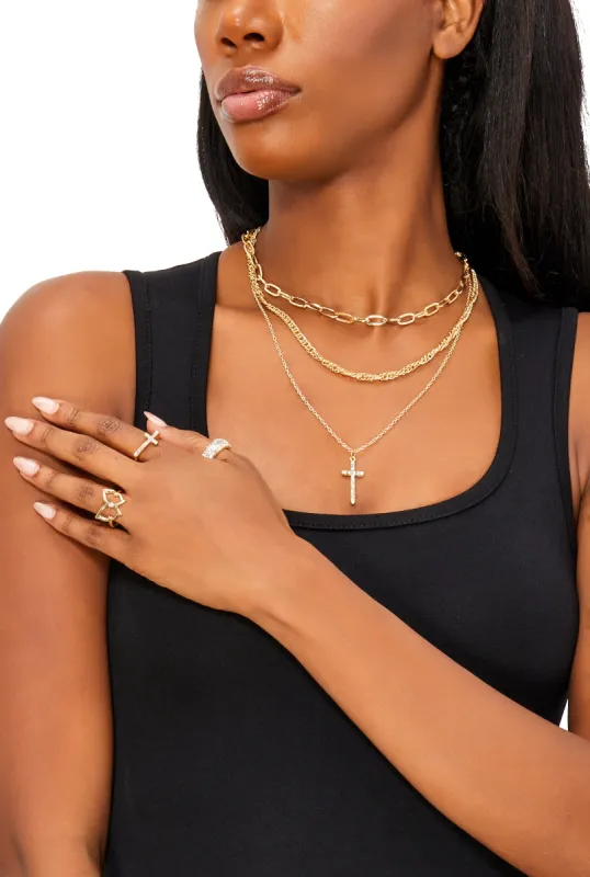 Cubic Zirconia Cross Layered Necklace and Ring Trio Set sold by Rainbow