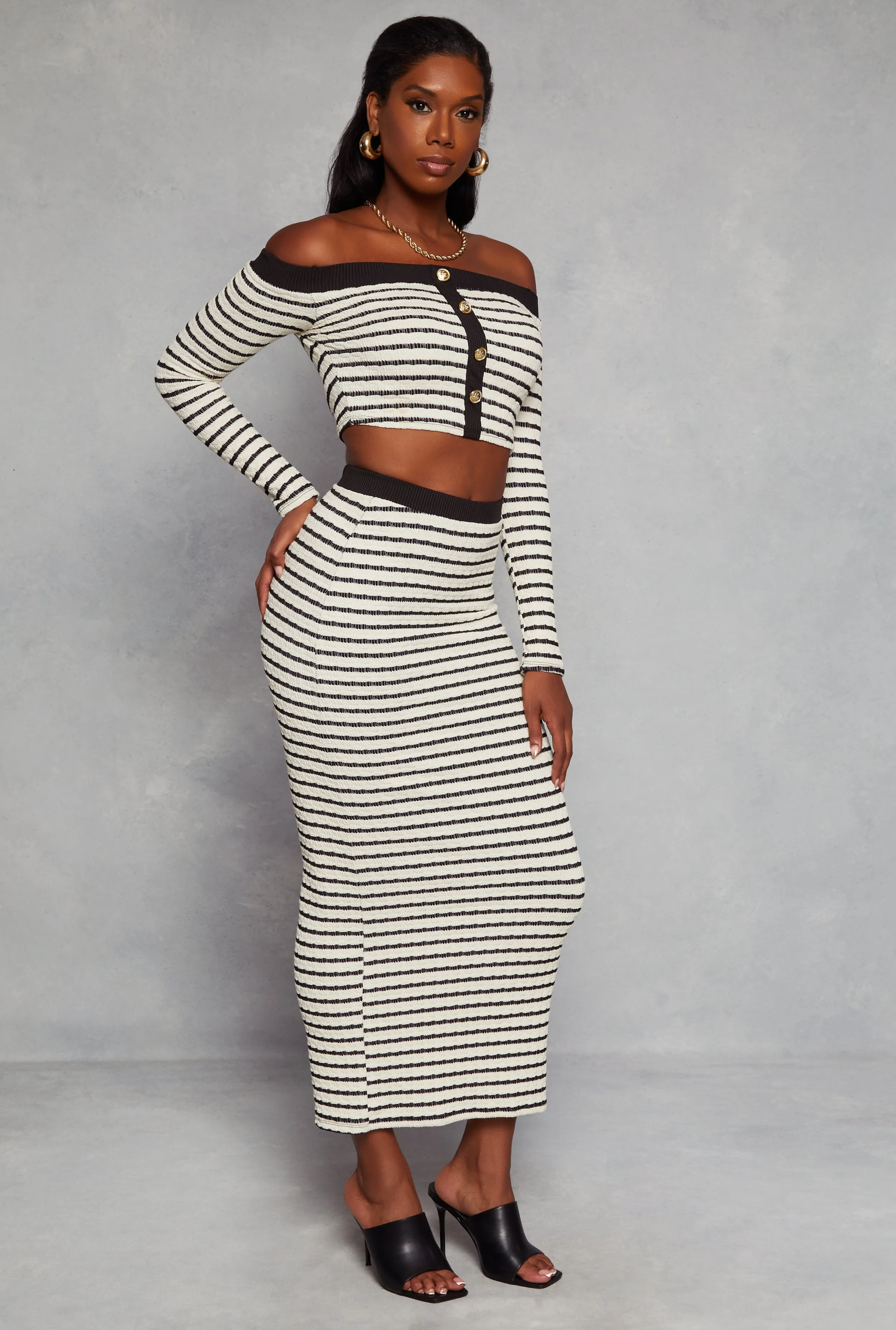 Textured Knit Striped High Waist Maxi Pencil Skirt sold by Rainbow