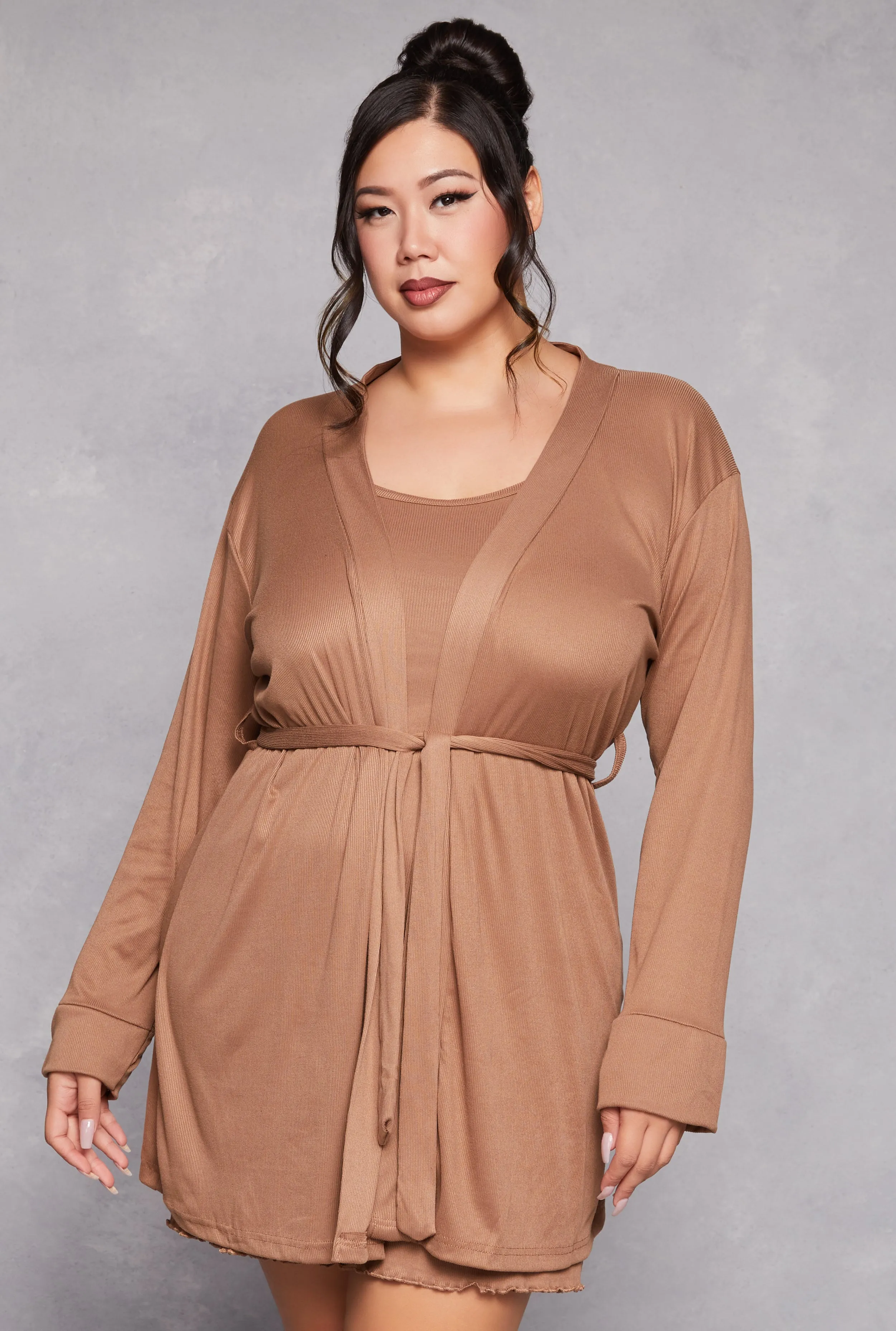 Plus Size Ribbed Lettuce Trim Cami Nightgown with Robe sold by Rainbow