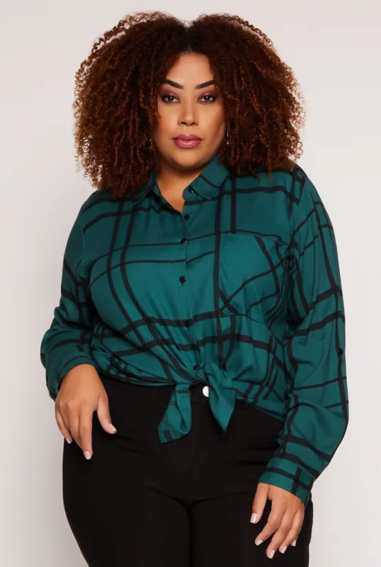 Plus Size Plaid Tabbed Sleeve Shirt sold by Rainbow