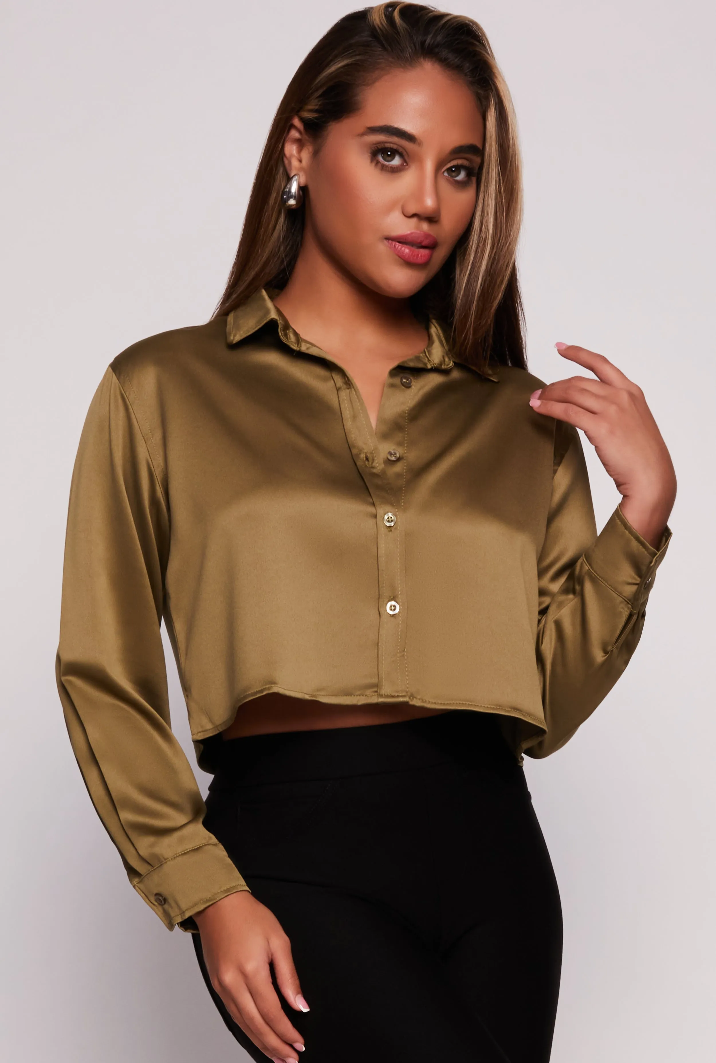 Iris Satin Button Front Cropped Blouse sold by Rainbow