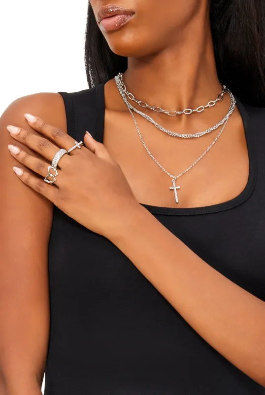 Cubic Zirconia Cross Layered Necklace and Ring Trio Set sold by Rainbow