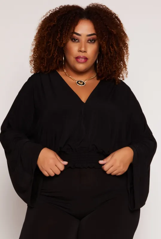 Plus Size Smocked Hem Bell Sleeve Blouse sold by Rainbow