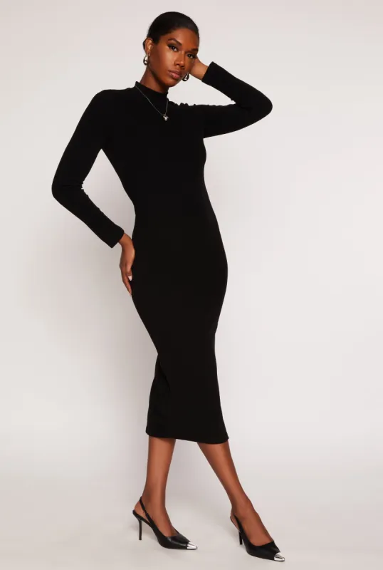 Ribbed Mock Neck Long Sleeve Midi Dress sold by Rainbow
