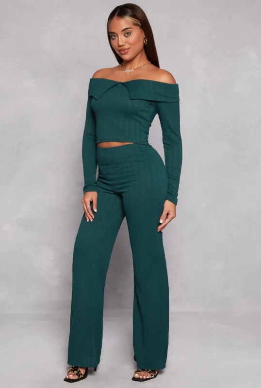Solid Textured Knit High Waist Wide Leg Pants sold by Rainbow
