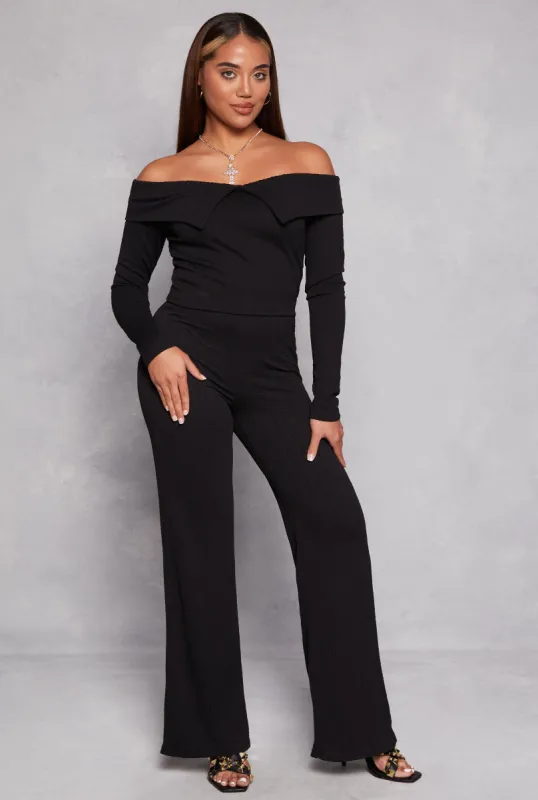 Solid Textured Knit High Waist Wide Leg Pants sold by Rainbow