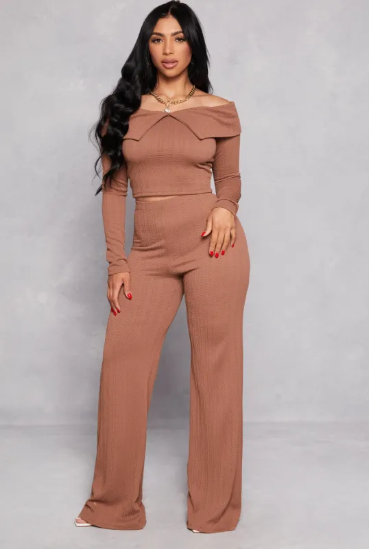 Solid Textured Knit High Waist Wide Leg Pants sold by Rainbow