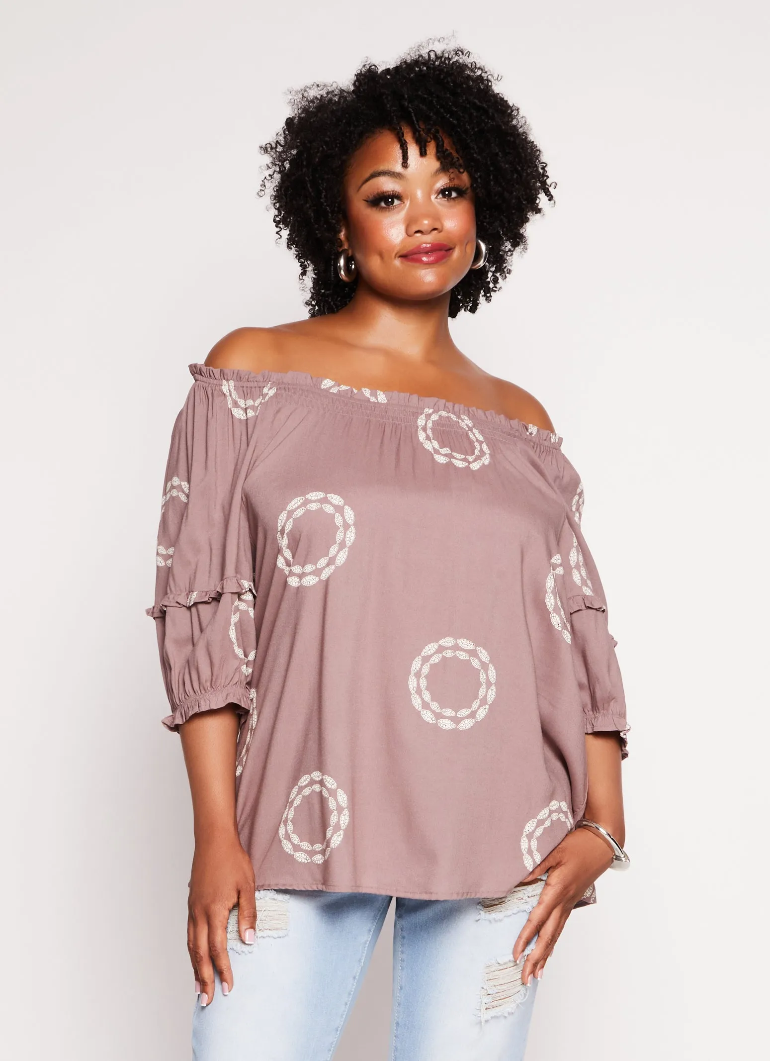 Plus Size Printed Off The Shoulder Blouse sold by Rainbow