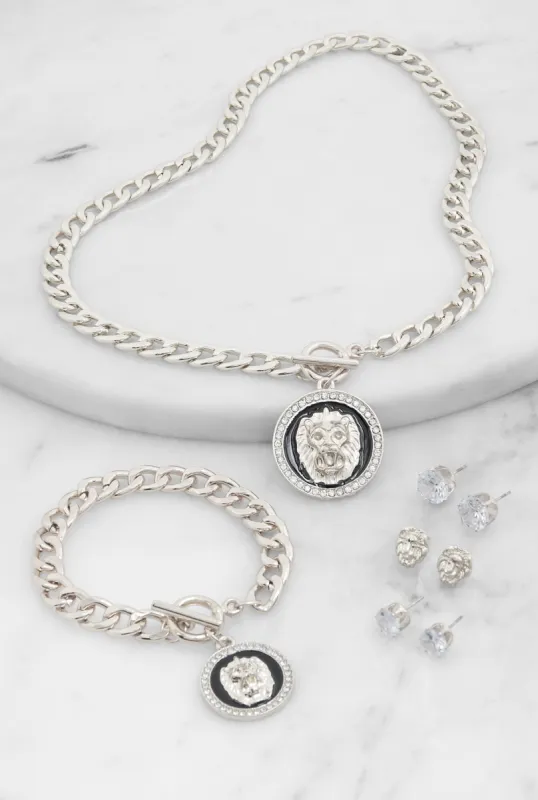 Lion Pendant Necklace and Bracelet with Stud Earring Trio sold by Rainbow