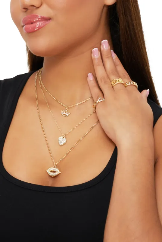 Crown Heart Lip Charm Layered Necklace with Ring Trio Set sold by Rainbow
