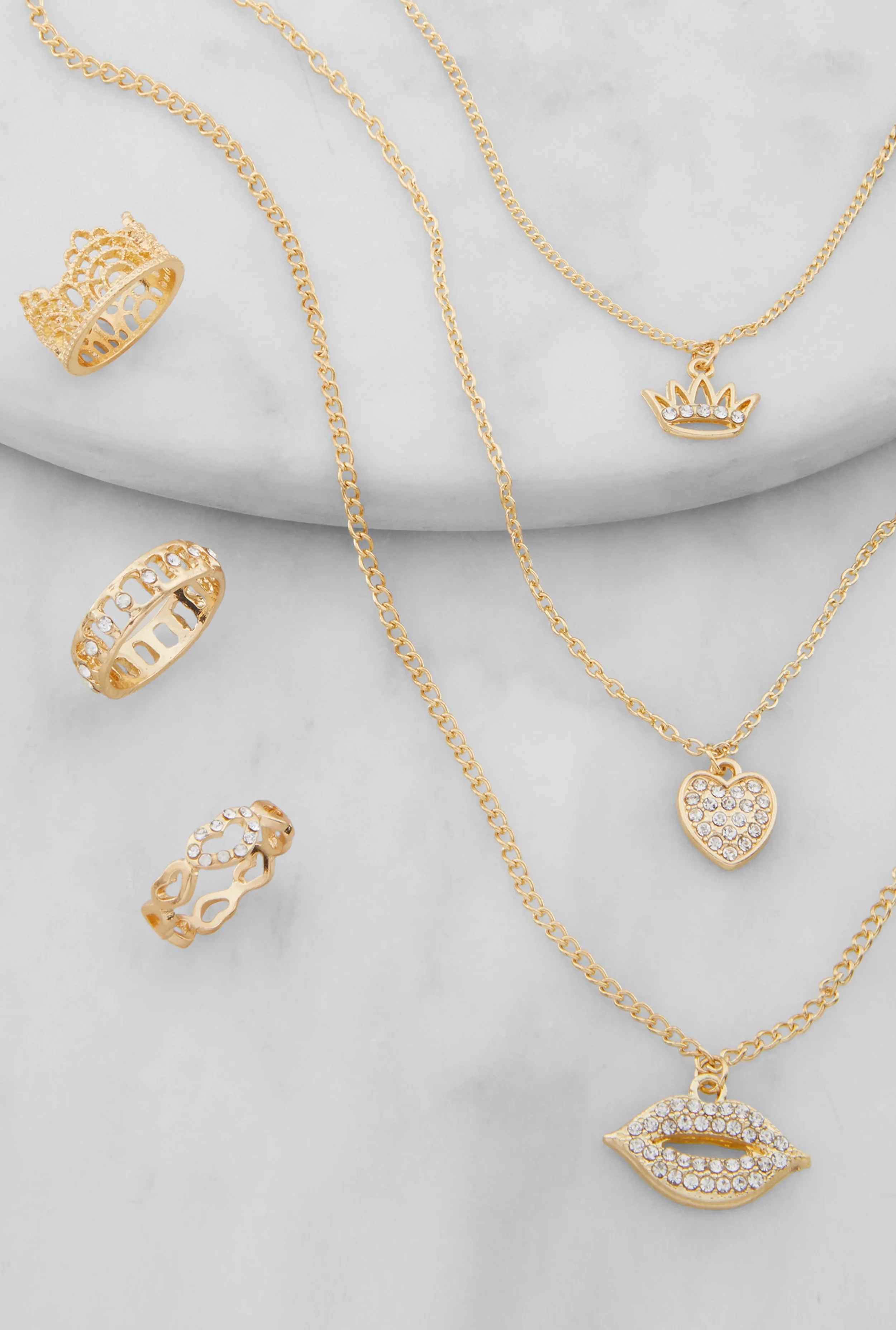Crown Heart Lip Charm Layered Necklace with Ring Trio Set sold by Rainbow product image thumbnail 2