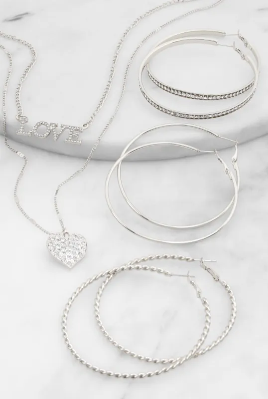 Love Heart Rhinestone Charm Necklace with Hoop Earring Trio sold by Rainbow