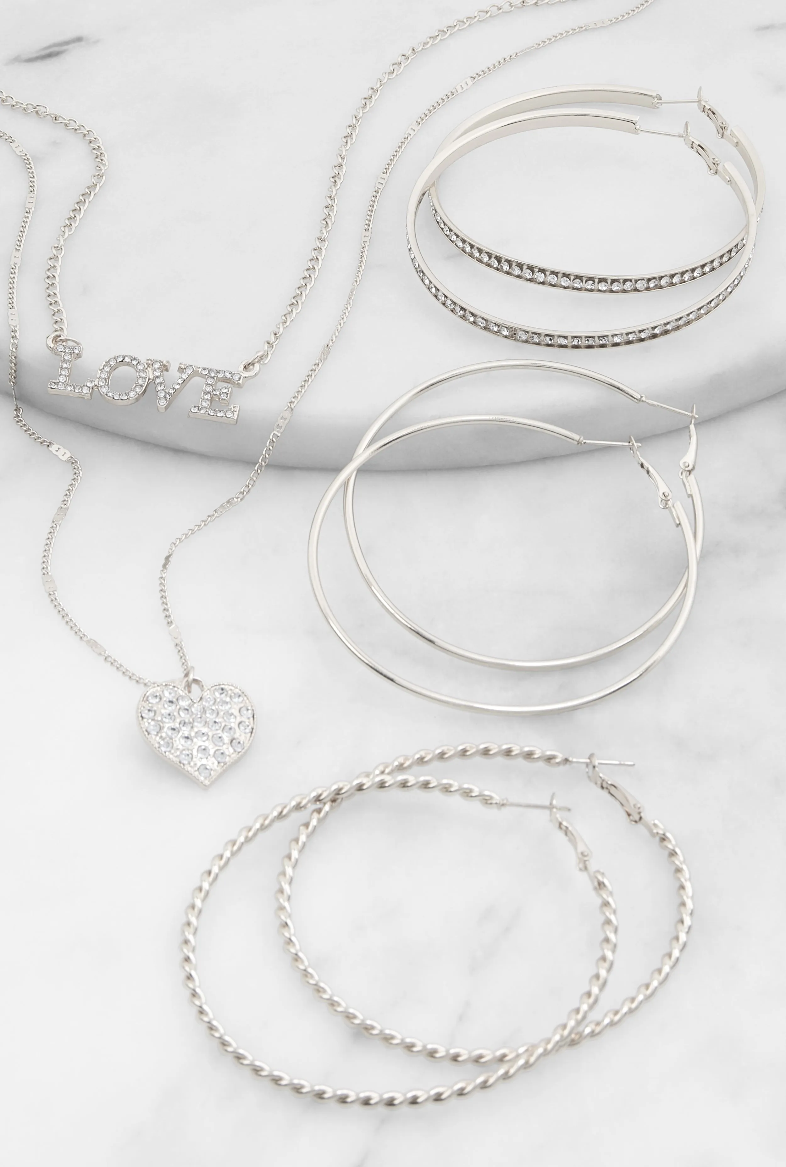 Love Heart Rhinestone Charm Necklace with Hoop Earring Trio sold by Rainbow